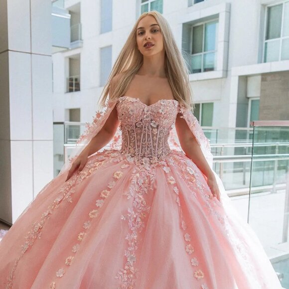 New Maxi Sheer Corset Bodice Mesh Quinceanera Gown w/ Floral Embroidery GL3468 - Picture 1 of 12